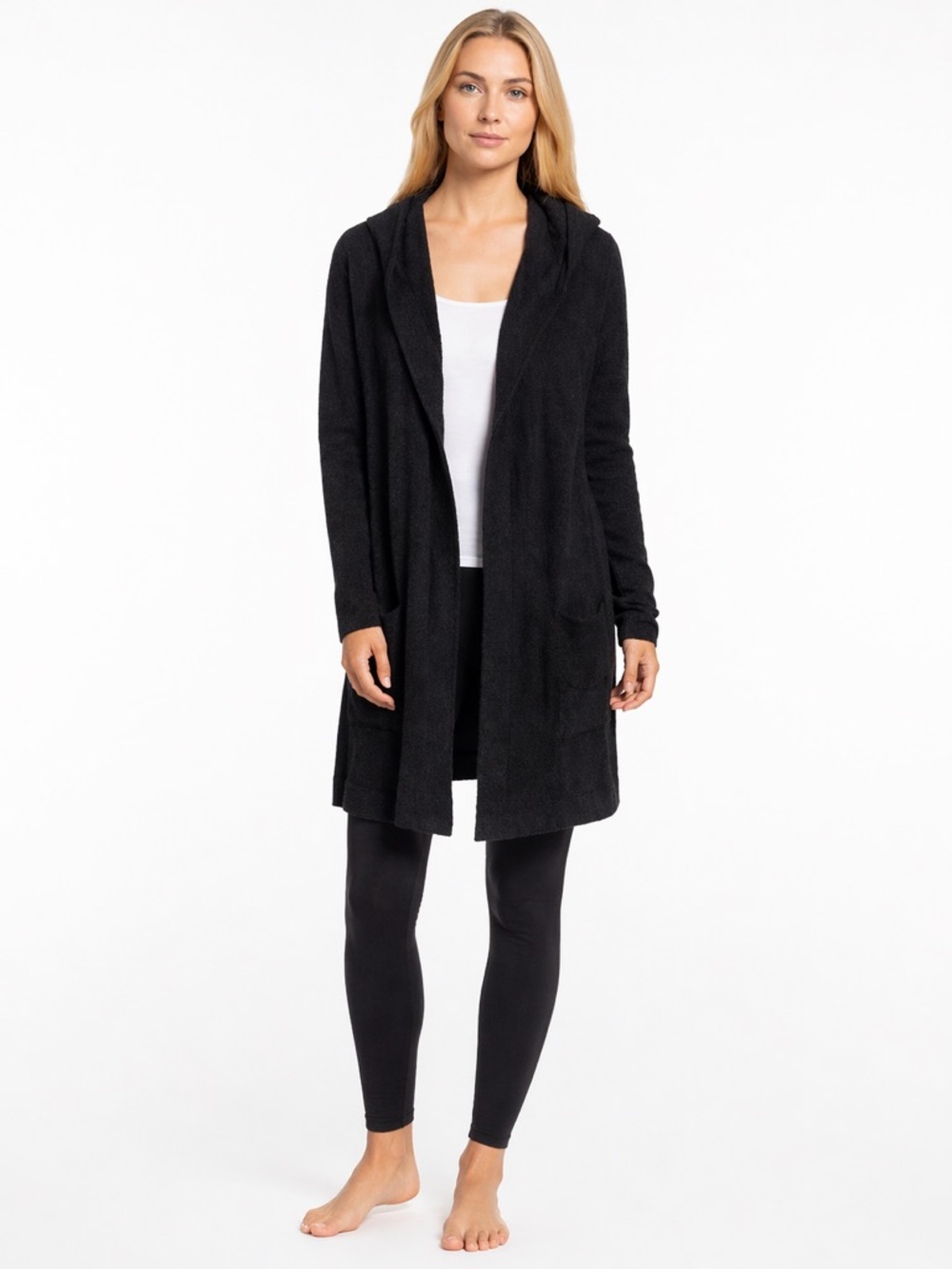 Barefoot Dreams CozyChic Lite Black Hooded Cardigan Open Front Soft Knit XS